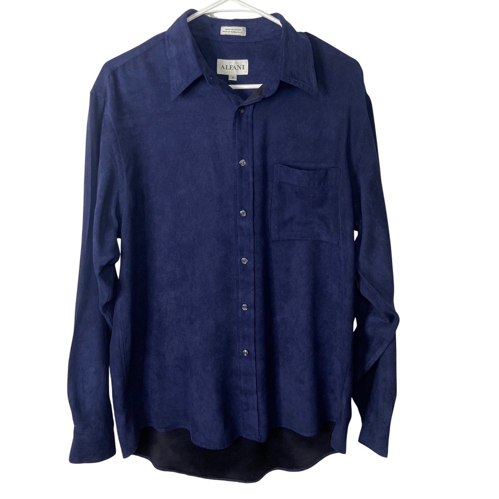 Alfani Mens Faux Suede Button Down Shirt Navy Blue Long Sleeve Size M Pocket